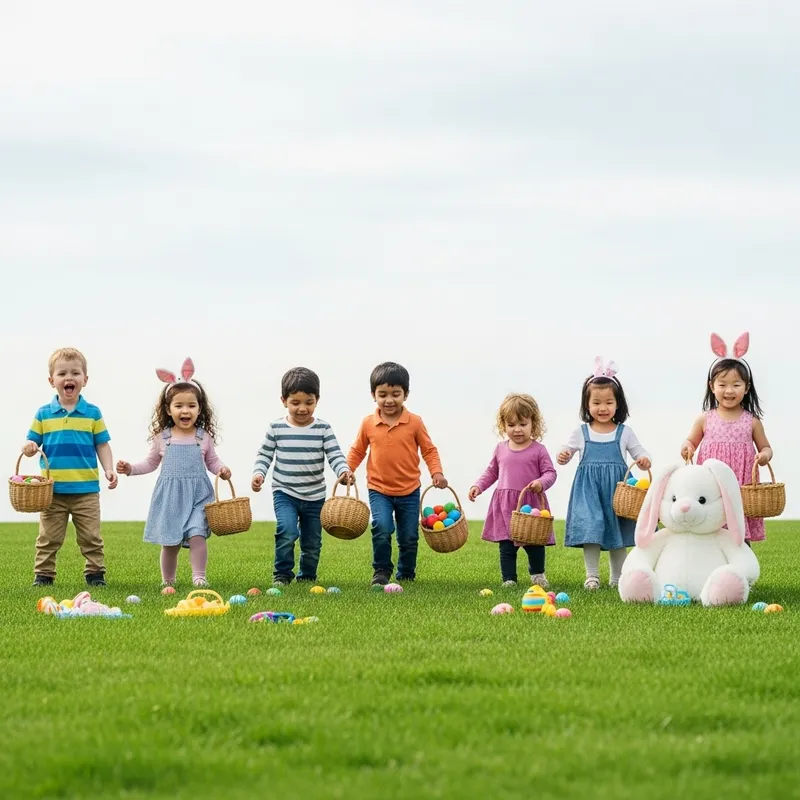 Joyful Easter Egg Hunt with Diverse Kids, Bunny & Toys