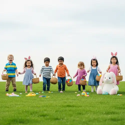 Picturesque Easter Scene with Kids, Bunny, Eggs & Toys