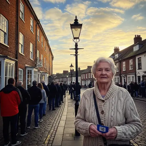 Elderly Lady in Knitted Sweater Standing in Food Line
