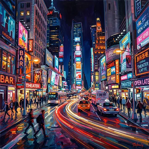 Vibrant City Night Oil Painting | Urban Nightlife Energy Capture