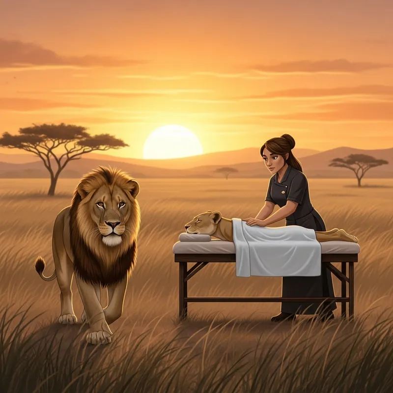 Male Lion Enjoys Relaxing Massage in Serene Savannah Landscape