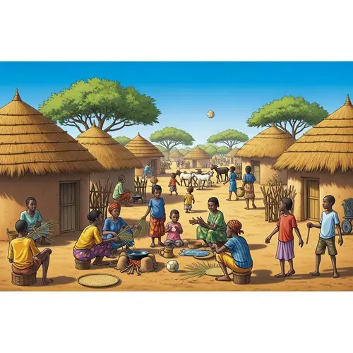 Vibrant African Village Day Scene | Engaging Activities & Scenic Beauty
