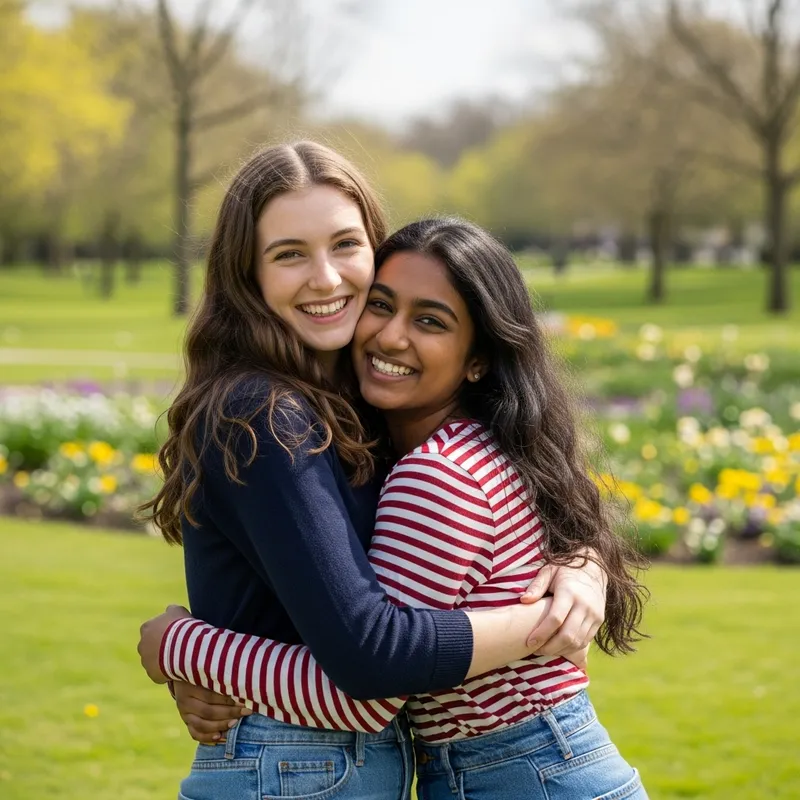Heartwarming Embrace of Diverse Girls in Sunny Park Heartwarming Embrace of Diverse Girls in Sunny Park