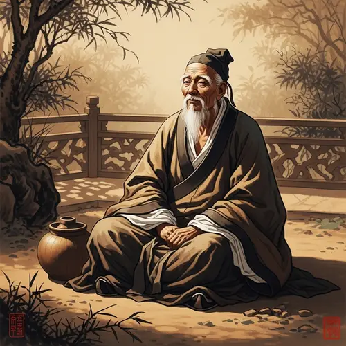 Tranquil Elderly Asian Man in Traditional Robes | Wise Sage in Serene Garden