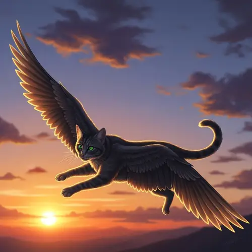 Winged Cat Soaring Through Skies