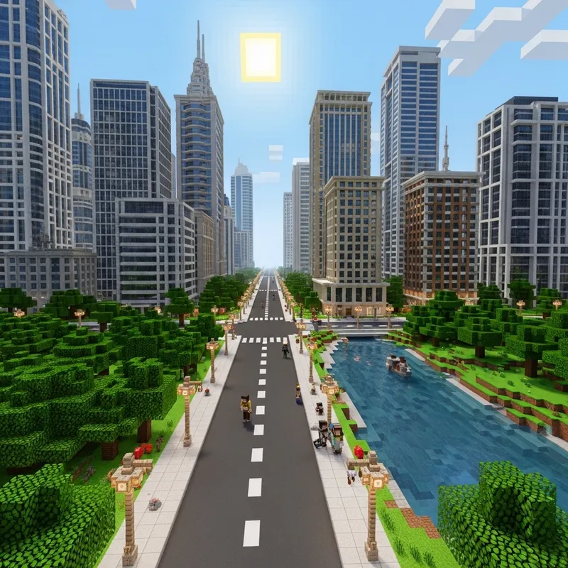 Modern Minecraft City - Pixel Art Skyscrapers & Characters