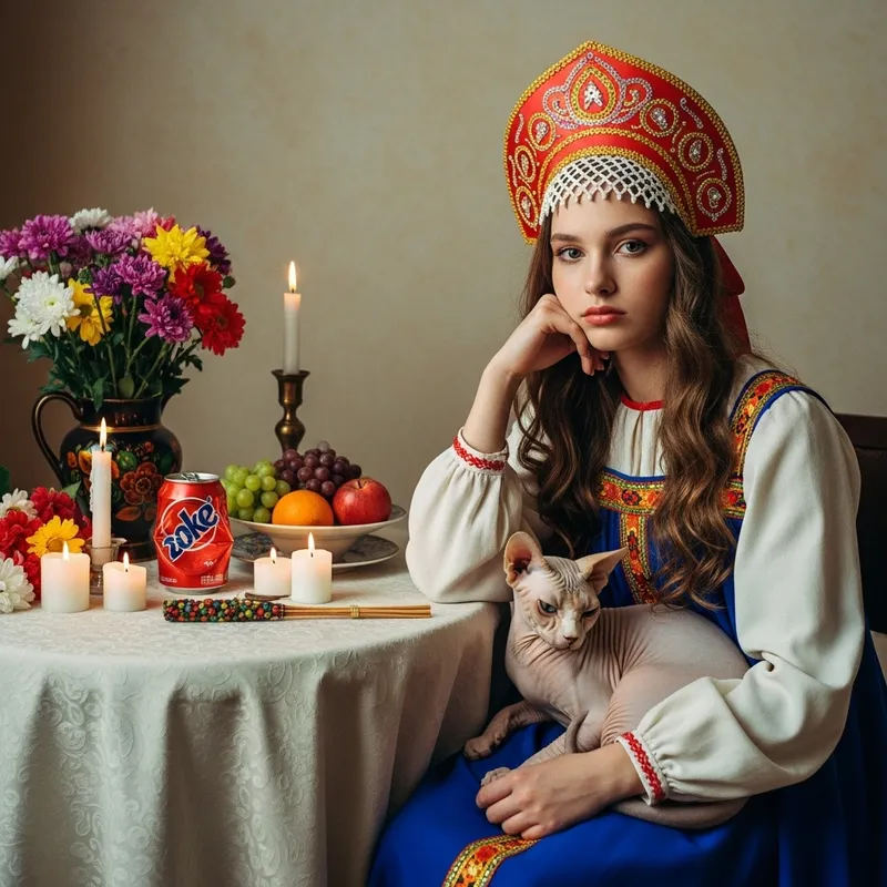 Russian Girl in Kokoshnik | Introspective Scene with Cat and Intriguing Table