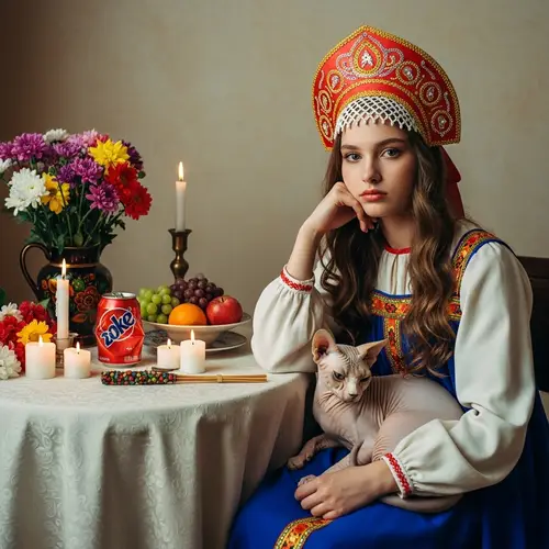 Traditional Russian Girl in Kokoshnik | Introspective Scene with Cat