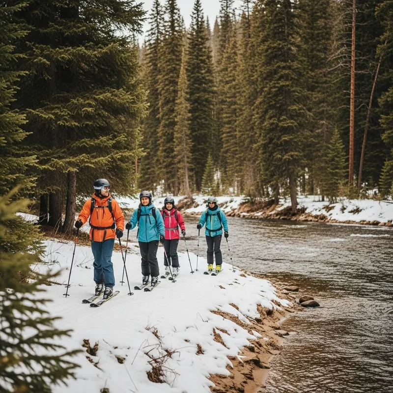 Skiers Explore Scenic Pine Forest by Riverbank