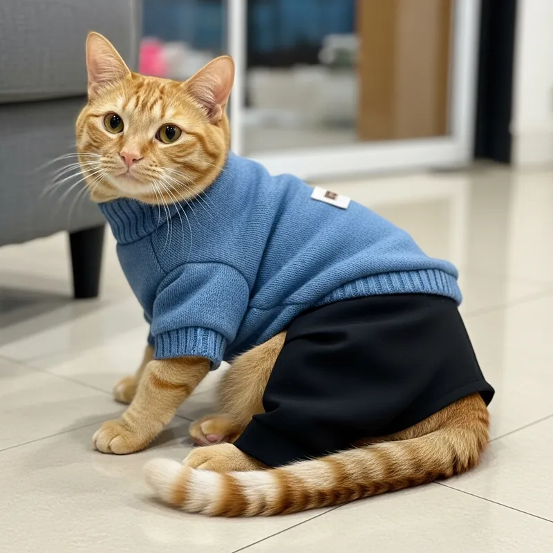 Stylish Orange Cat in Cerulean Sweater & Black Pants