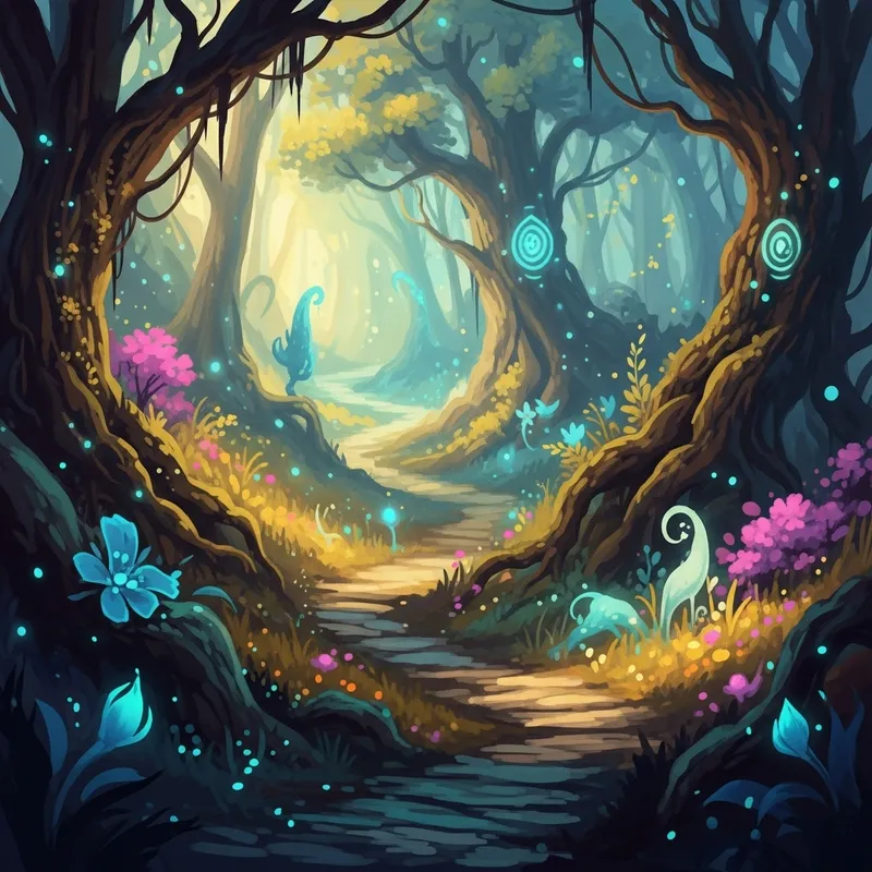 Mystical Forest with Hidden Pathway - Digital Art