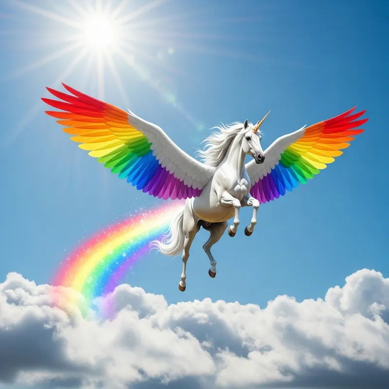 Mythical Unicorn with Rainbow Wings Soaring in Sunny Sky Mythical Unicorn with Rainbow Wings Soaring in Sunny Sky