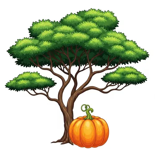 Colorful Acacia Tree with Ripe Pumpkin - Whimsical Cartoon Illustration