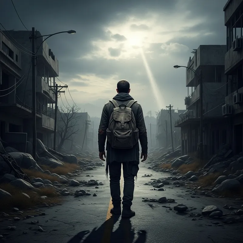 Post-Apocalyptic Scene: Man Walking in Desolate World