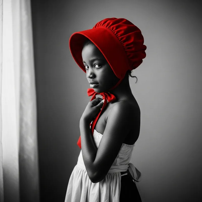 Fine Art Black and White Portrait of Young Black Girl in Red Bonnet Fine Art Black and White Portrait of Young Black Girl in Red Bonnet