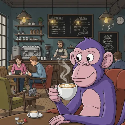 Whimsical Purple Monkey Enjoying Cappuccino in Cozy Coffee Shop