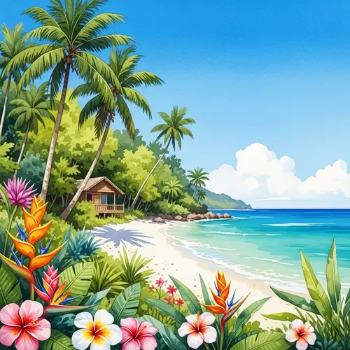 Tranquil Tropical Paradise Watercolor Painting