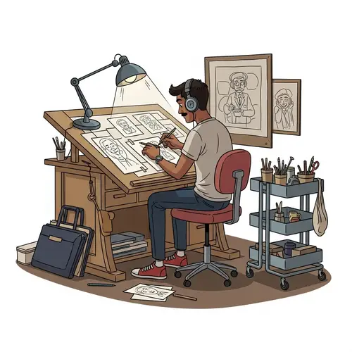 Mid-Century Styled South Asian Cartoonist Working at Drafting Table