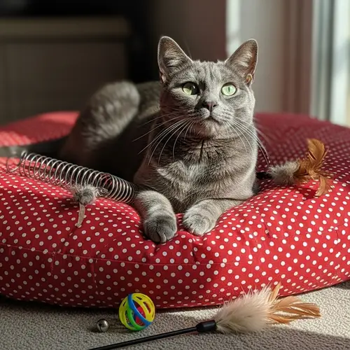 Cozy Grey Cat Relaxing on Red Polka Dot Cushion - Peaceful Scene