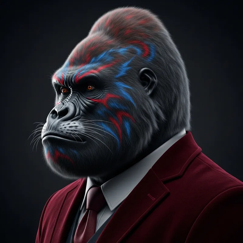 Alpha Realistic Silverback Gorilla Warrior Chief in Velvet Wine Red Suit & Tie