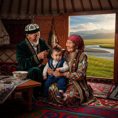 Kazakh Grandparents Cutting Hair of One-Year-Old Boy | Traditional Attire Scene