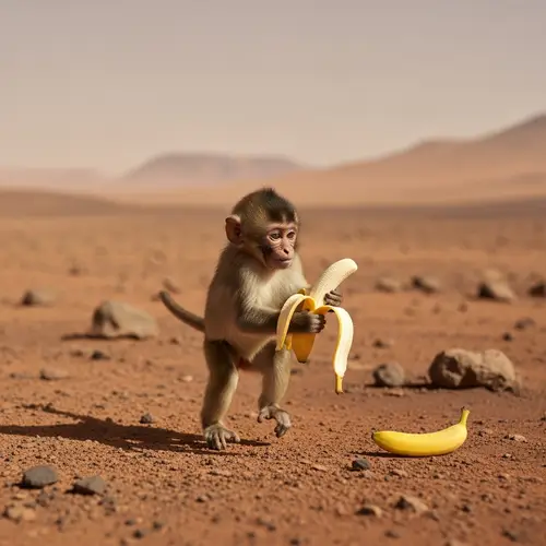 Playful Monkey on Mars Enjoying Banana Delight