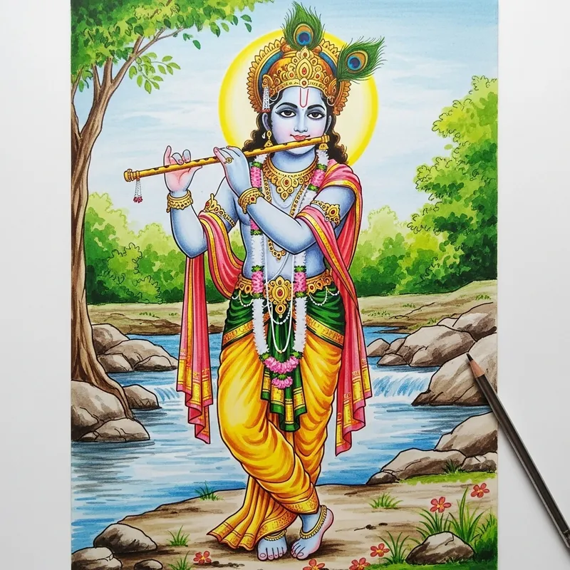 Divine Krishna Hand Drawing - Spiritual Artwork in Nature
