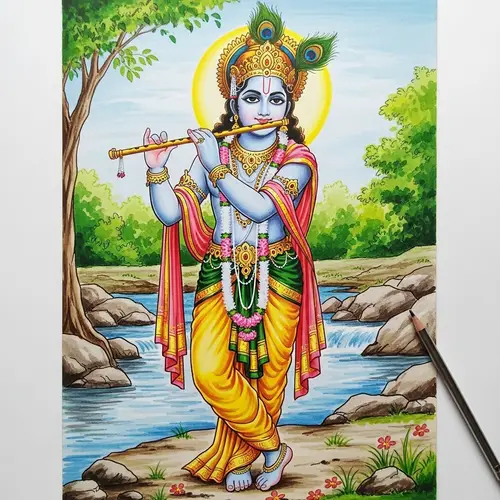 Divine Krishna Hand Drawing in Nature - Indian Male Artwork