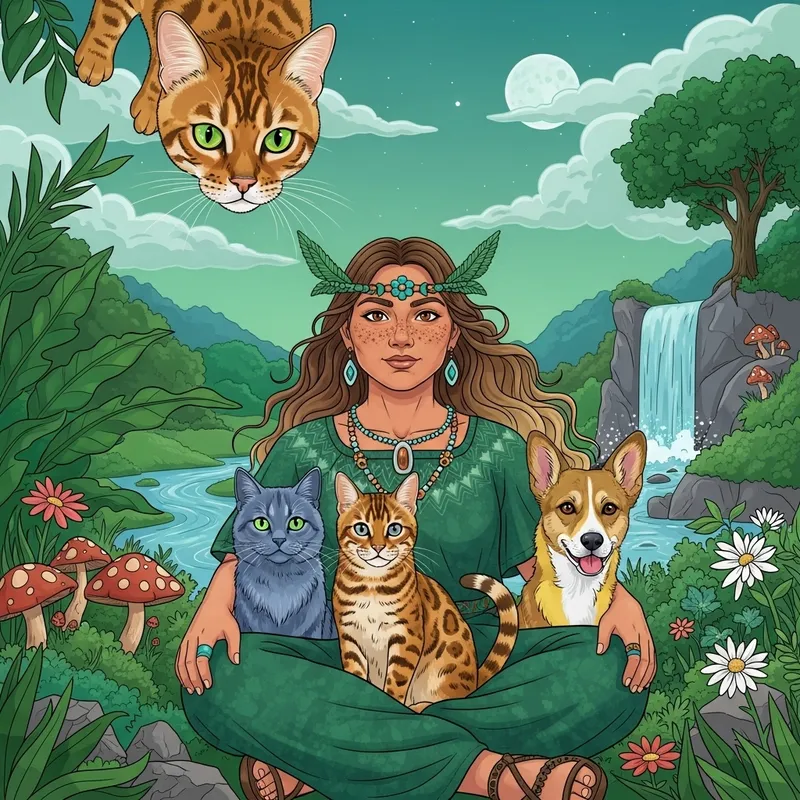 Golden Bengal Cat and Shaman Woman with Enchanted Creatures in Magical Setting Golden Bengal Cat and Shaman Woman with Enchanted Creatures in Magical Setting