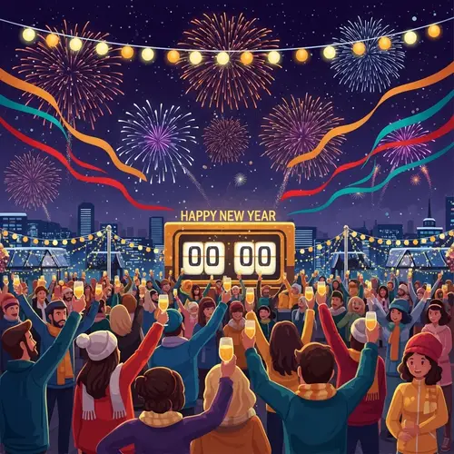 Dazzling New Year's Celebration with Fireworks and Countdown Clock