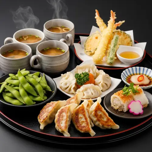 Traditional Japanese Appetizers: Edamame, Miso Soup, Tempura & Gyoza