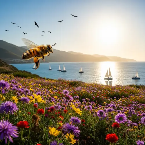 Bee Flying Over Sea of Flowers | Mountains & Sea Views