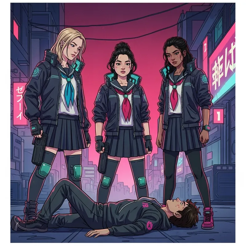 Futuristic Cyberpunk Schoolgirls - Vibrant Anime Action Futuristic Cyberpunk Schoolgirls - Vibrant Anime Action