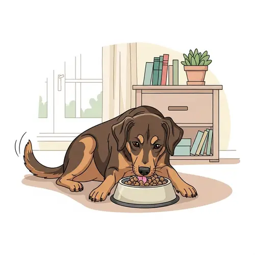 Moderate-sized House Dog Eating Comfortably - Cute Domestic Scene