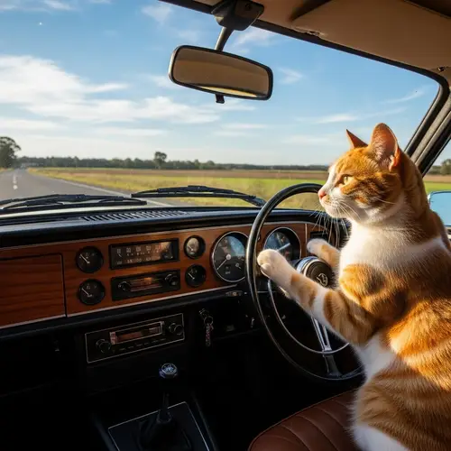 Vintage Cat Driving a Classic Peugeot 504 - Sunny Day Ahead