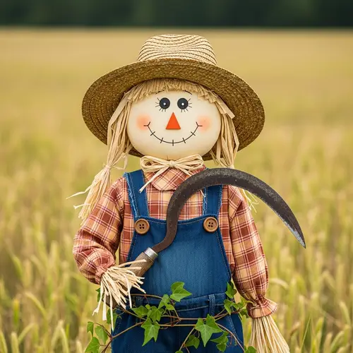 Friendly Scarecrow in Field with Rusty Sickle