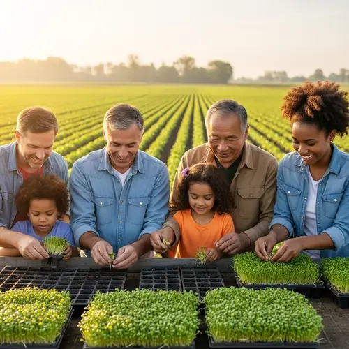 Diverse Family Seeding Micro Greens at Local Farm