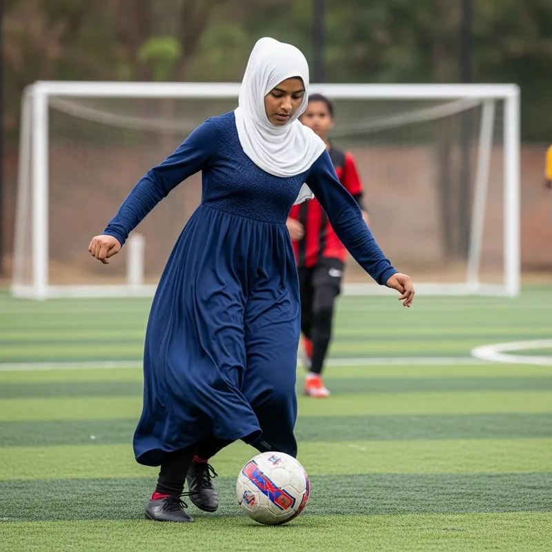 Muslim Girl Playing Football in White Scarf and Dark Blue Dress