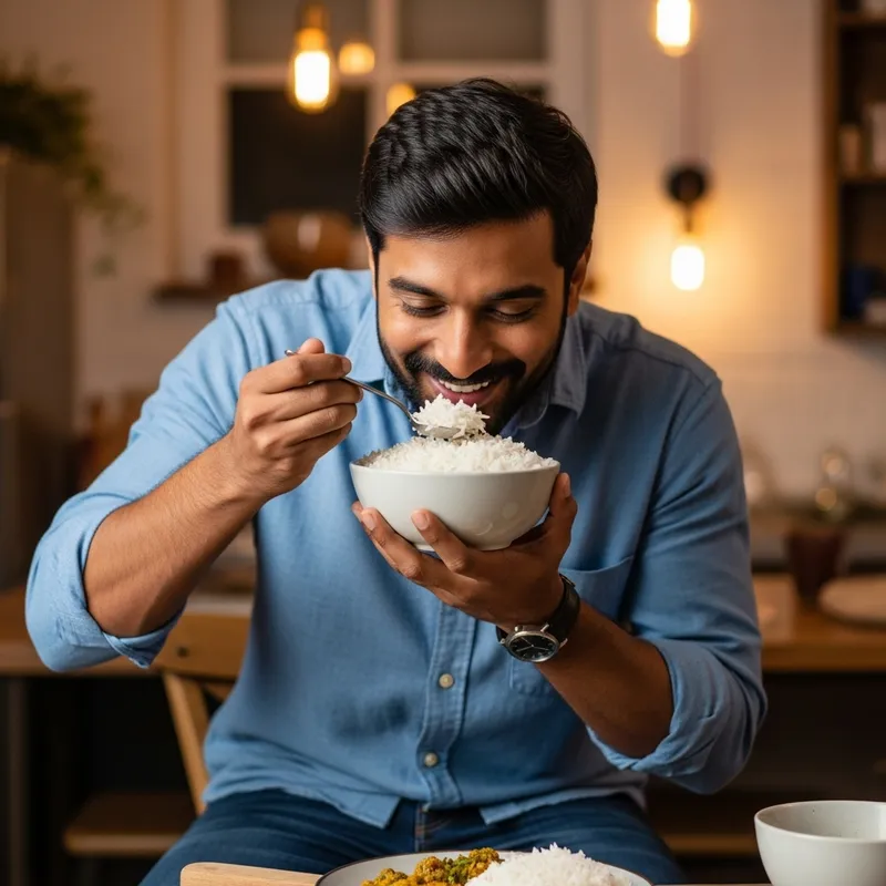 Man Indulging in Rice | Wholesome Kitchen Ambiance