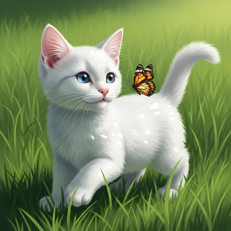 Playful White Cat in Grass | Nature Scene