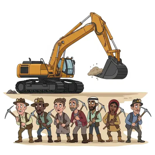 Humorous Cartoon: Old Men vs. Oversized Excavator in Mining Race