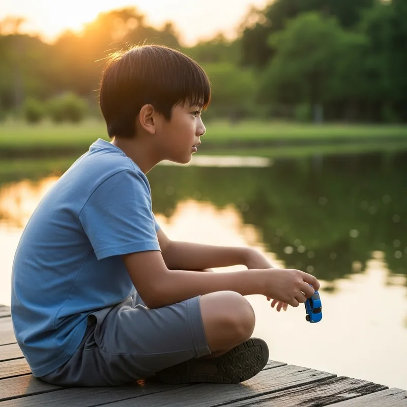 Intently Focused Asian Boy in Comfortable Shorts