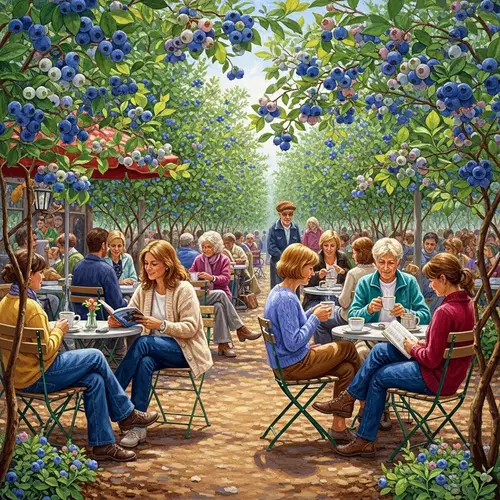 Lively Café Scene with Blueberry Blooms | Artistic Painting