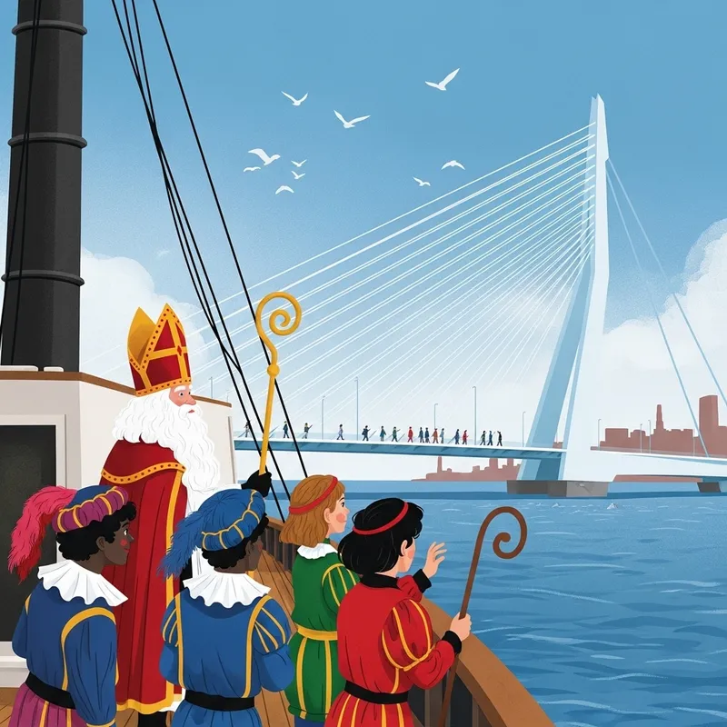 Sinterklaas and Helpers on Ship, Erasmus Bridge in Rotterdam