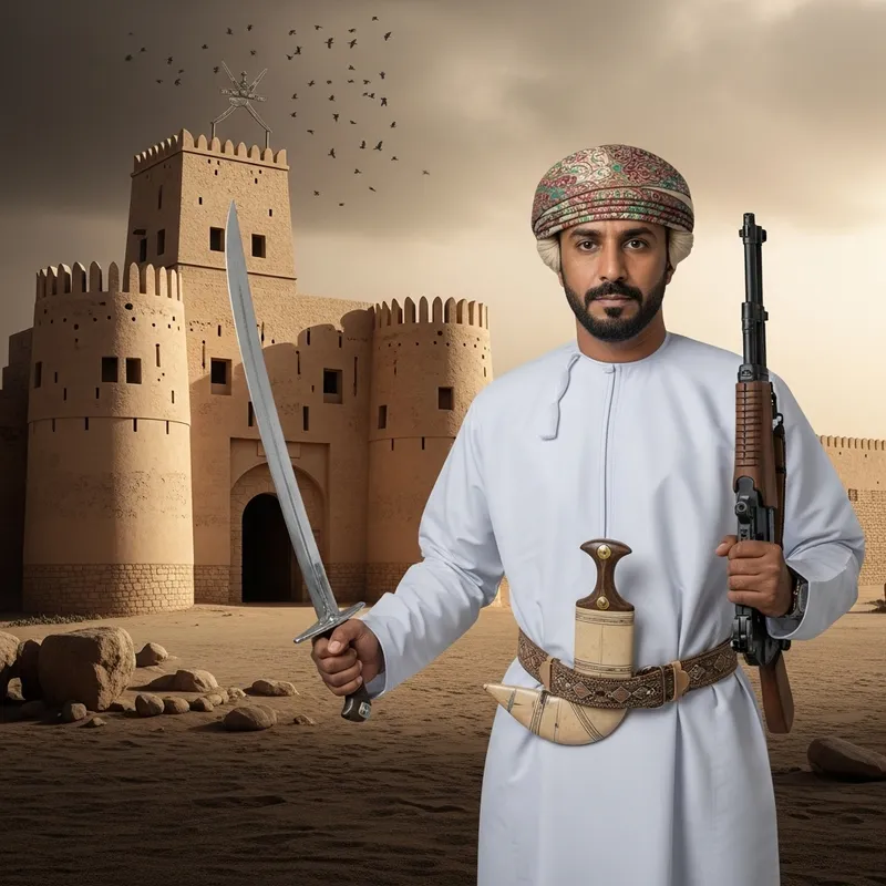 Omani Man in Traditional Attire with Dagger, Sword, Rifle, and Ancient Babha Castle in a Sandstorm
