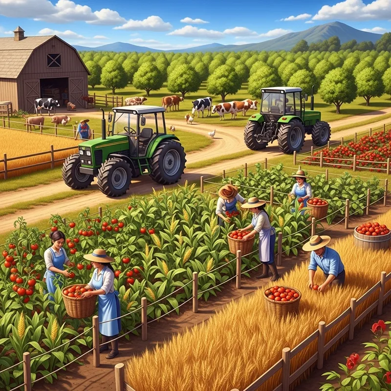 Lively Harvest Scene: Fresh Crops & Livestock at Farm