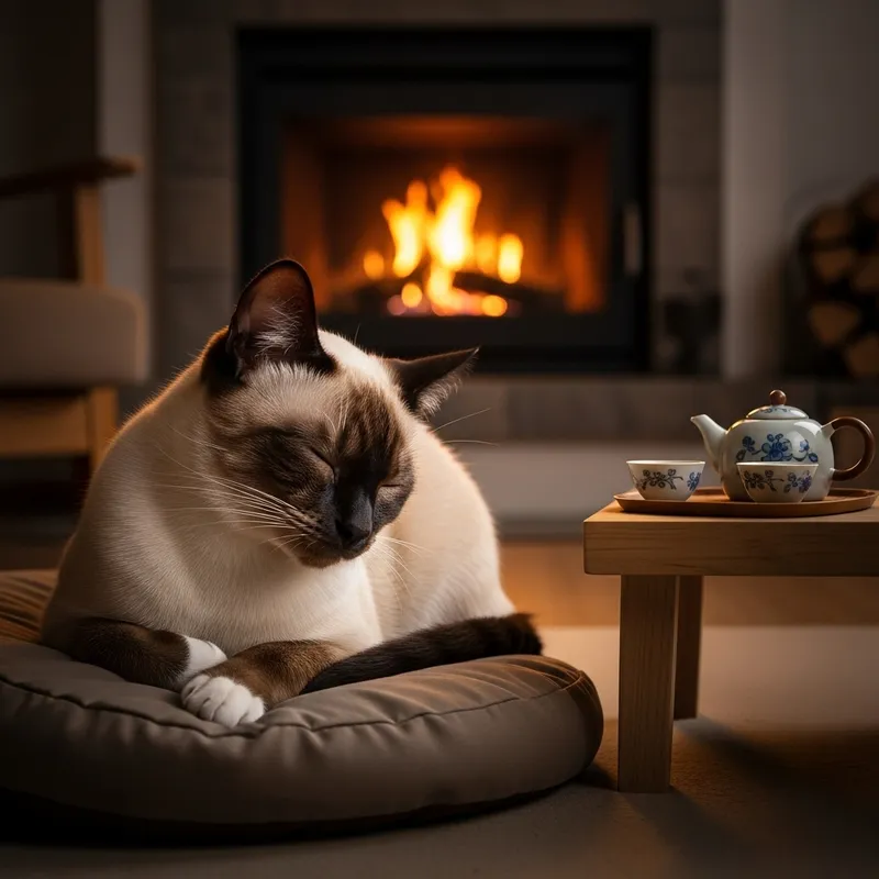 Cozy Siamese Cat Napping By Fireplace - Tranquil Home Scene Cozy Siamese Cat Napping By Fireplace - Tranquil Home Scene