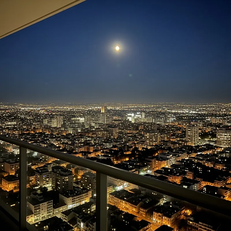 Serenity Overlooking Night City with Full Moon