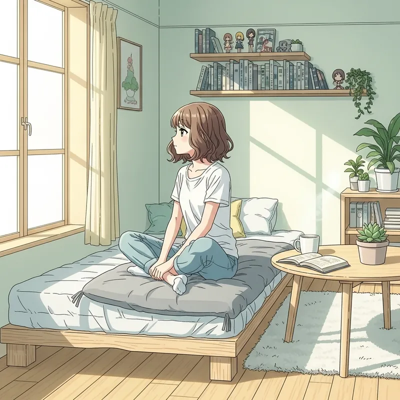 Anime Female in Serene White T-Shirt Room Illustration