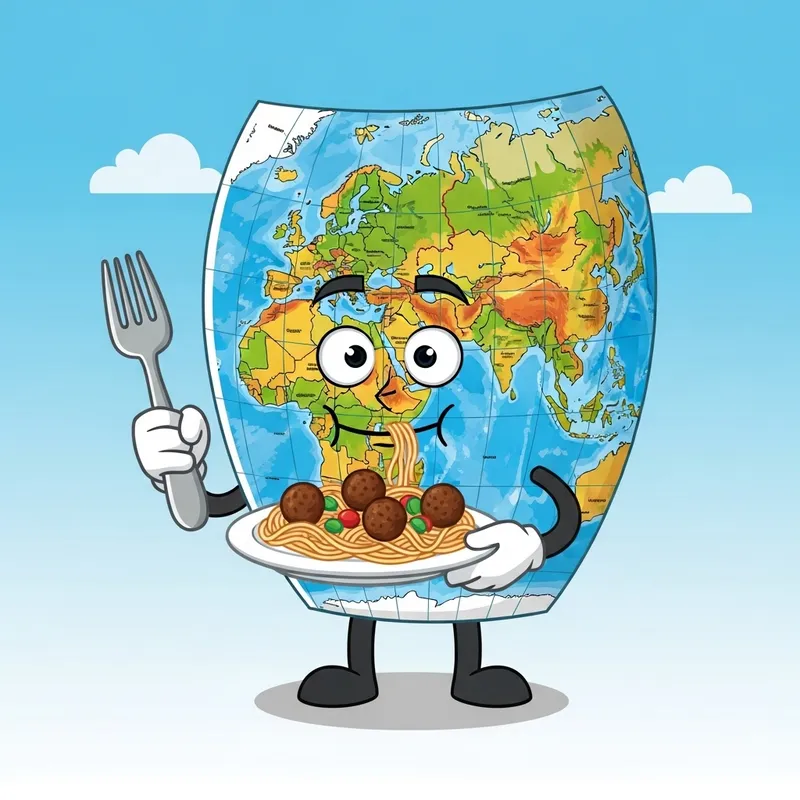 Funny Cartoon Map Enjoying Spaghetti Meal